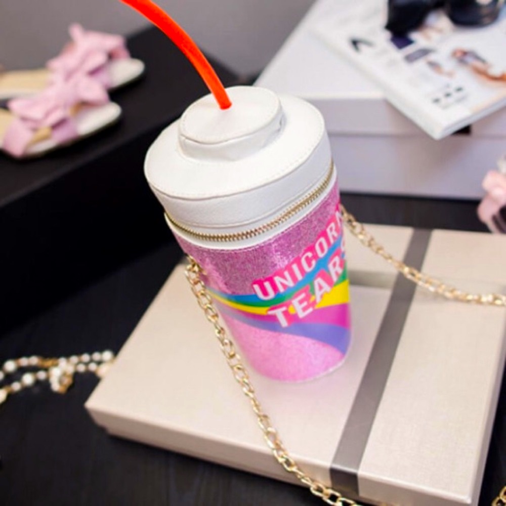 UNICORN TEARS On 🌈 Graphic Cup W/ Gold Chain & Straw Leather Crossbody Bag